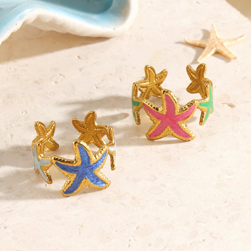Colorful Dripping Oil Stainless Steel Starfish Rings for Women Men Bohemian Opening Rings Vacation Style Jewelry Accessories