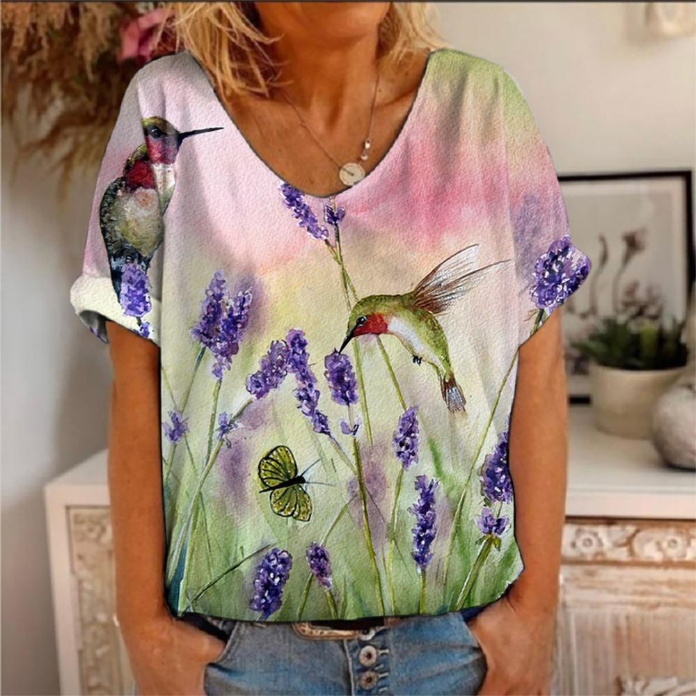 

Новые футболки с изображением животных и птиц с 3D-принтом колибри для женщин, футболки с коротким рукавом и V-образным вырезом, футболки Y2K, большие футболки Harajuku, женская одежда XXXL