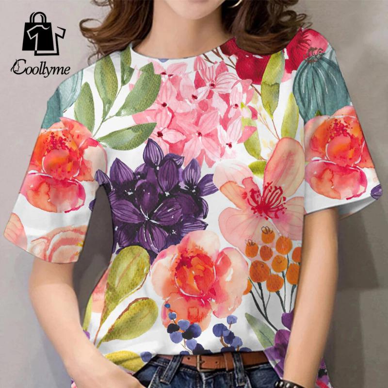 Flower pattern women s T-shirt casual short sleeved 3D printed painting style tops loose T-shirt Harajuku clothing women s T-shirt S