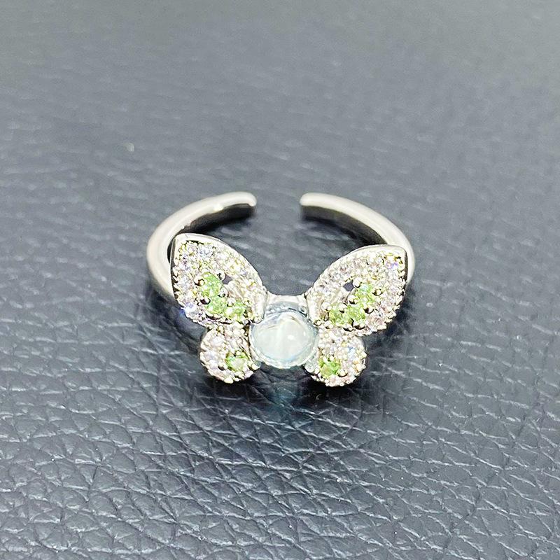 Micro-Inlaid Zircon Moon Star Colored Treasure Open Ring Niche Temperament Light Luxury High-End Butterfly Flower Ring Woman