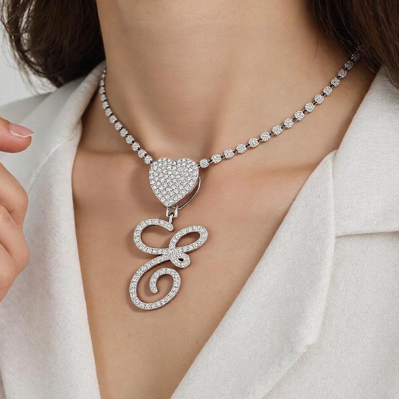 26 Flower Letter Necklace: Hip Hop Heart Pendant with Full Diamond Inlaid Tennis Chain for Women