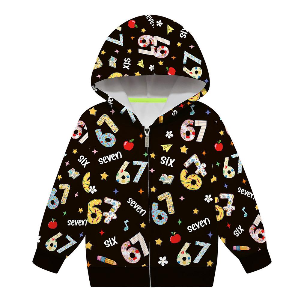 Children Girls Steal a Brainrot 67 Six Seven Printed Hooded Zipper Long Sleeves Jacket