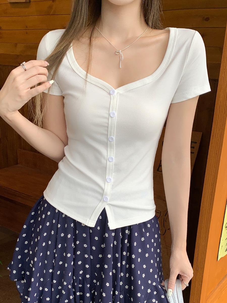 

Korean half-open neck button front shoulder short-sleeved T-shirt women s new super-fire age-reducing slim-fitting and beautiful temperament top S белый