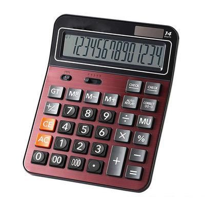 Mengshen KA06P 14-Digit Portable Office Calculator with Large LCD Display, Solar and Battery Powered Dual-Power Electronic Calculator (Red)
