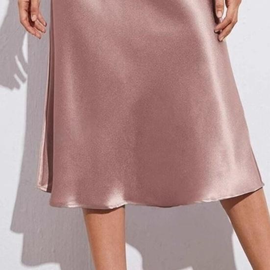 Women Midi Skirt High Waist Satin-Like Shiny Skirt Solid Color