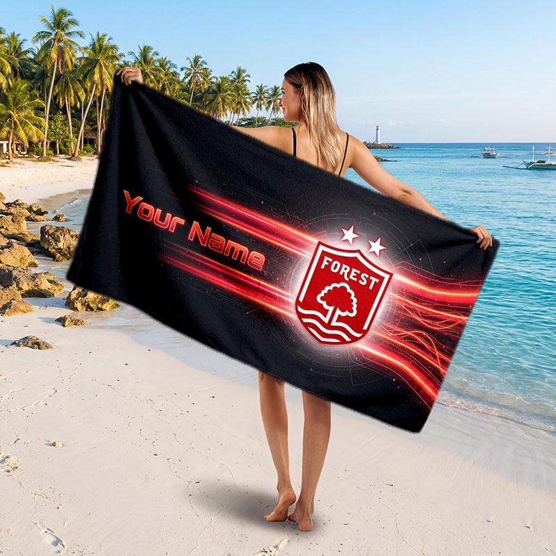 Nottingham Forest Custom Beach Towel, Personalized Name Text Print, Football Logo Soft Quick‑Dry Towel Holiday Gift