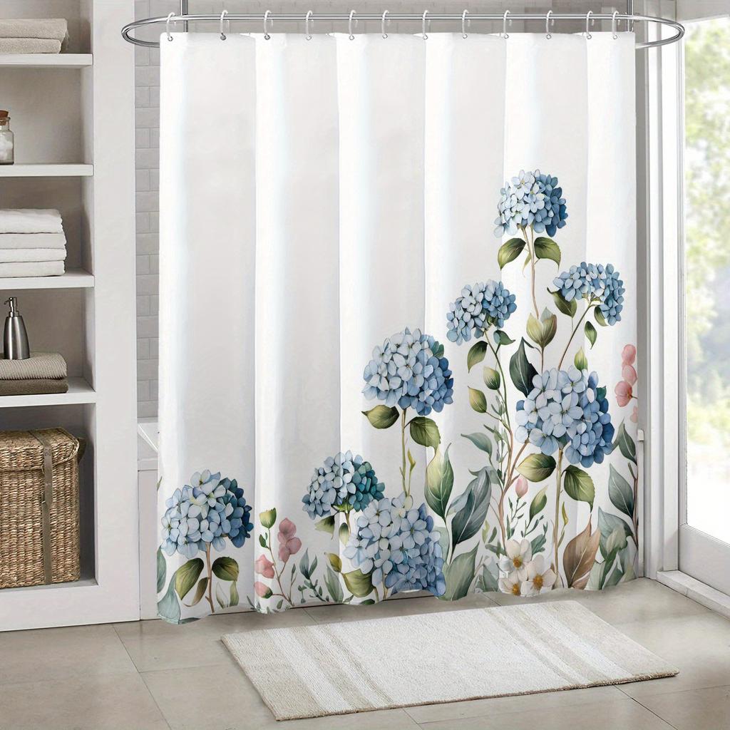 1 X Blue Hydrangea Print Shower Curtain With Hooks - Polyester Fabric, Machine Washable, Suitable For Bathroom Decoration