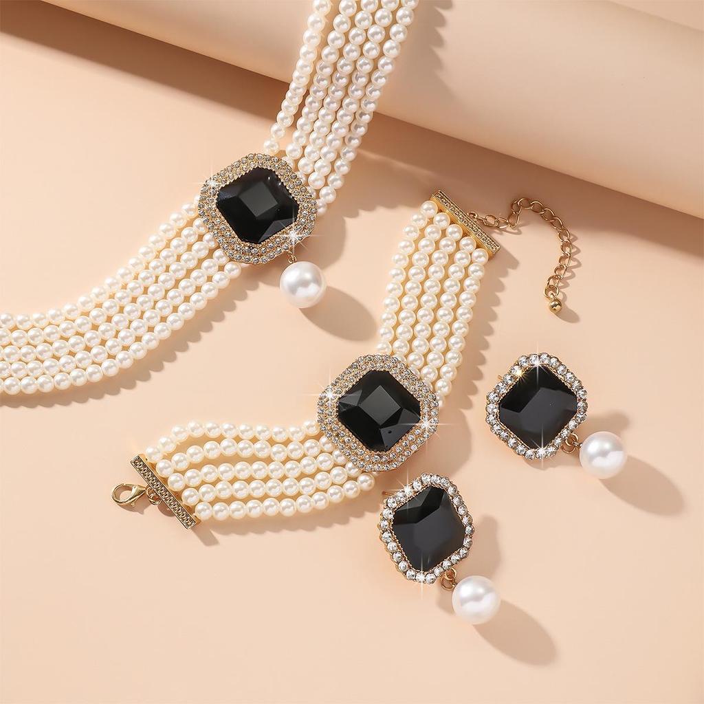 European Luxury Multi-Layer Faux Pearl & Crystal Jewelry Set – Necklace, Earrings, Bracelet - Colorful, Fashionable, and Exquisite Accessories