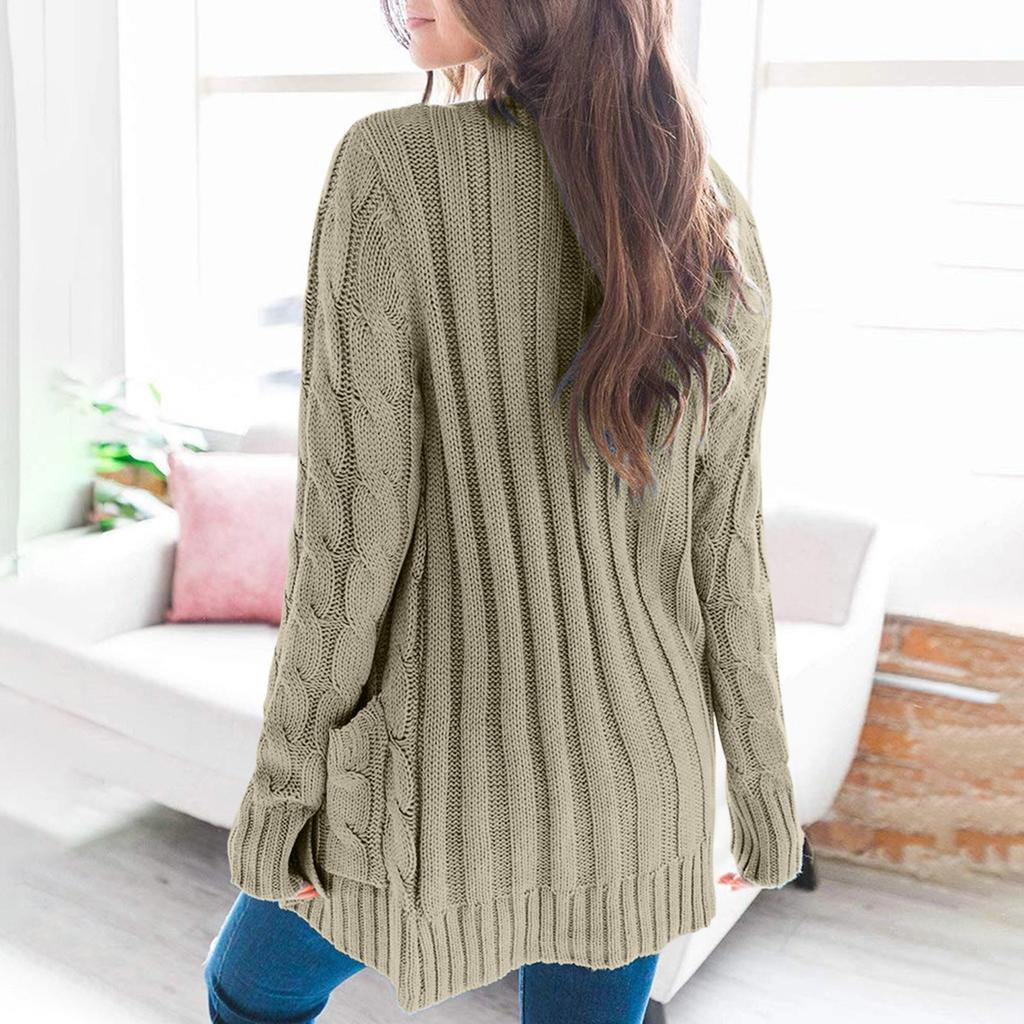 Womens Solid Color Cardigan Long Sleeve Pockets Open Front Knit Sweaters Coat