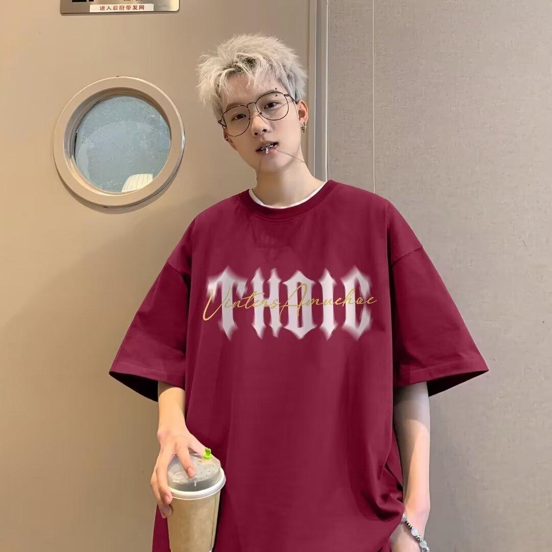 

Мужская модная футболка с круглым вырезом и короткими рукавами с принтом для лета, свободный повседневный топ 5XL вино красного