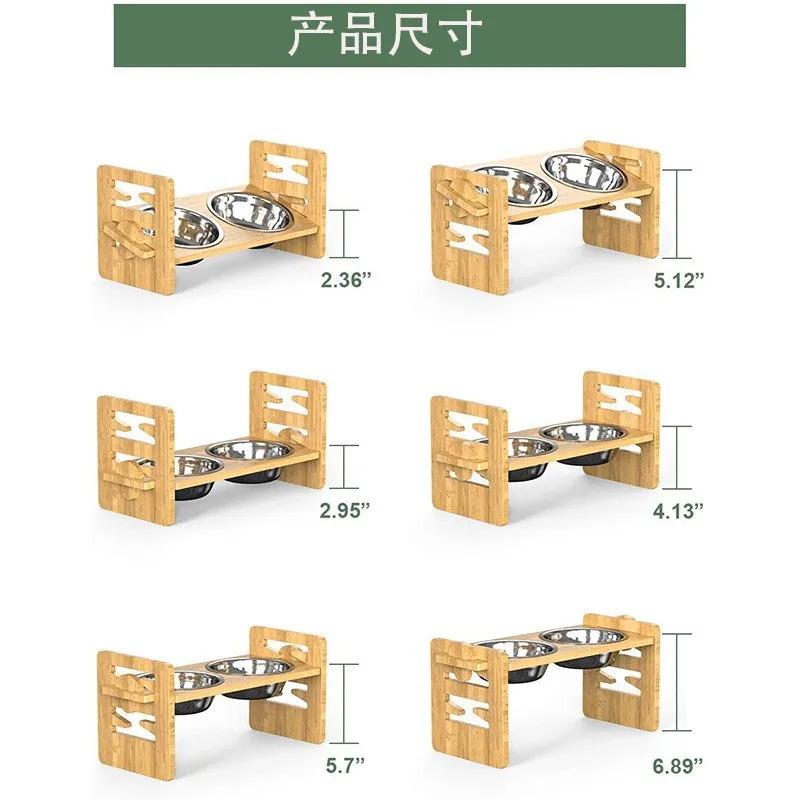 1PC Anti Slip Bamboo Pet Feeder Stand Adjustable Raised Food Bowls with 2 Bowls for Comfort Feeding