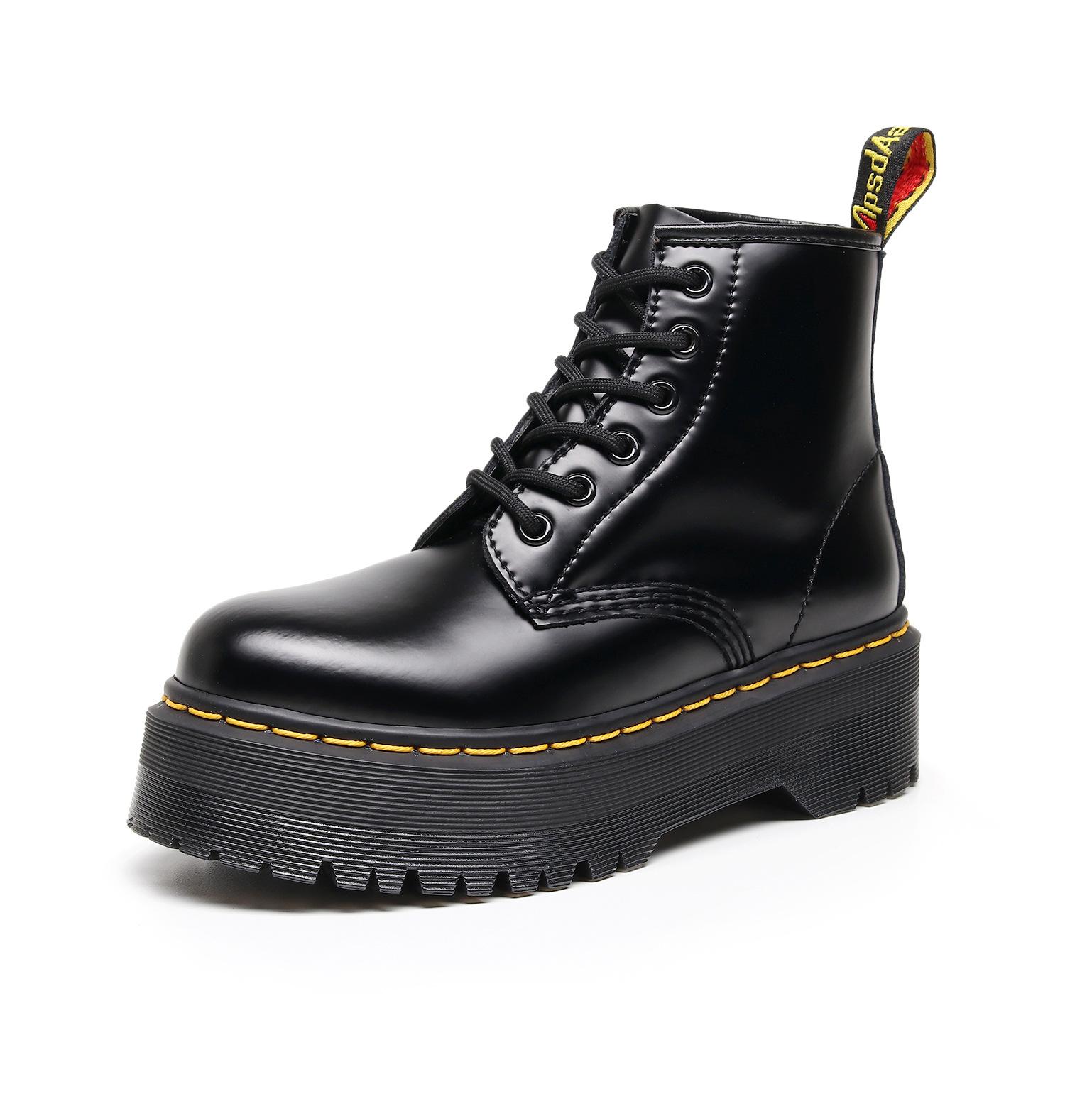 

High top hard leather long boots British style handmade holes Thick bottom open edge bead cowhide short boots Women s height increase 35 чёрный