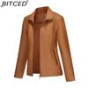 BITCED Fashion Women's Leather Jacket, Short Leather Jacket, Knitted Patchwork Stretch Coat