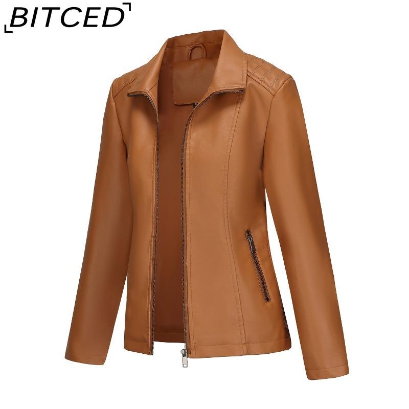 BITCED Fashion Women's Leather Jacket, Short Leather Jacket, Knitted Patchwork Stretch Coat
