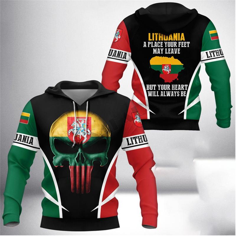 Lithuanian National Flag Emblem Camouflage Skull Warrior 3D Printing Men Fashionable Sports Outdoor Leisure Cool Hip-hop Hoodies