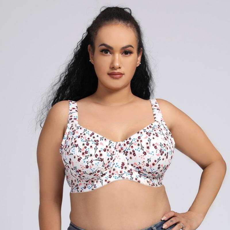 Ultra-thin Fine Cotton High-quality Wide Shoulder Straps Steel Ring Plus Size Bra European and American Printed Underwear