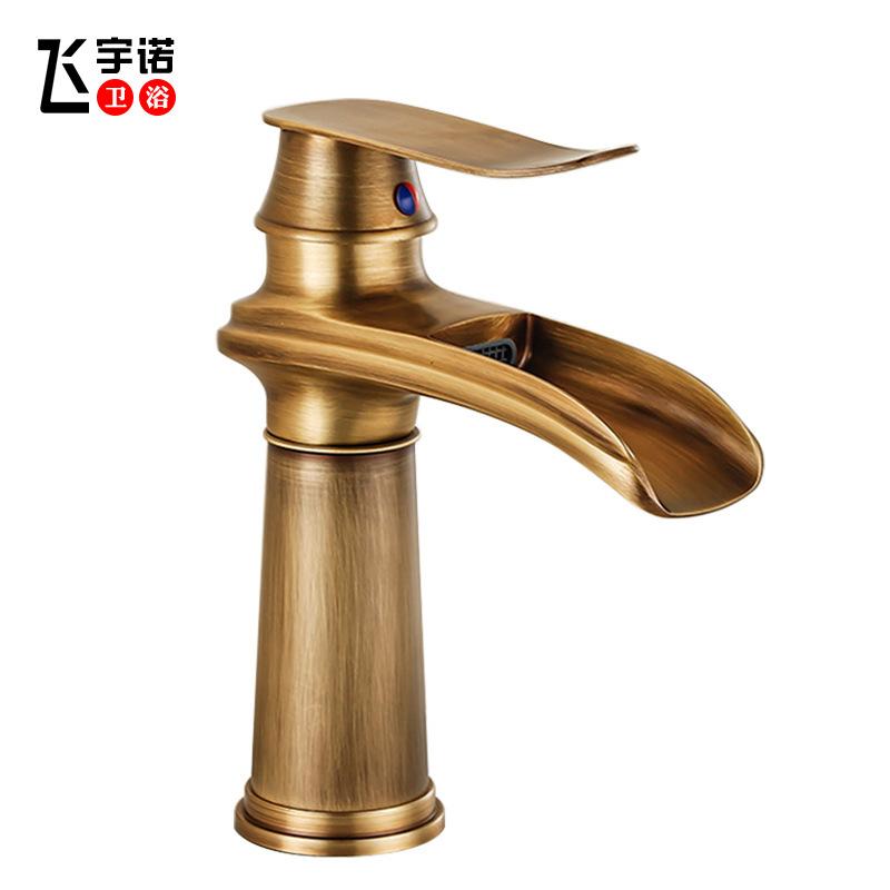 

KEMAIDI Antique Brass Bathroom Basin Sink Faucet Waterfall Hot Cold Mixer Tap Single Handle Basin Faucets Deck Mounted Tap Black