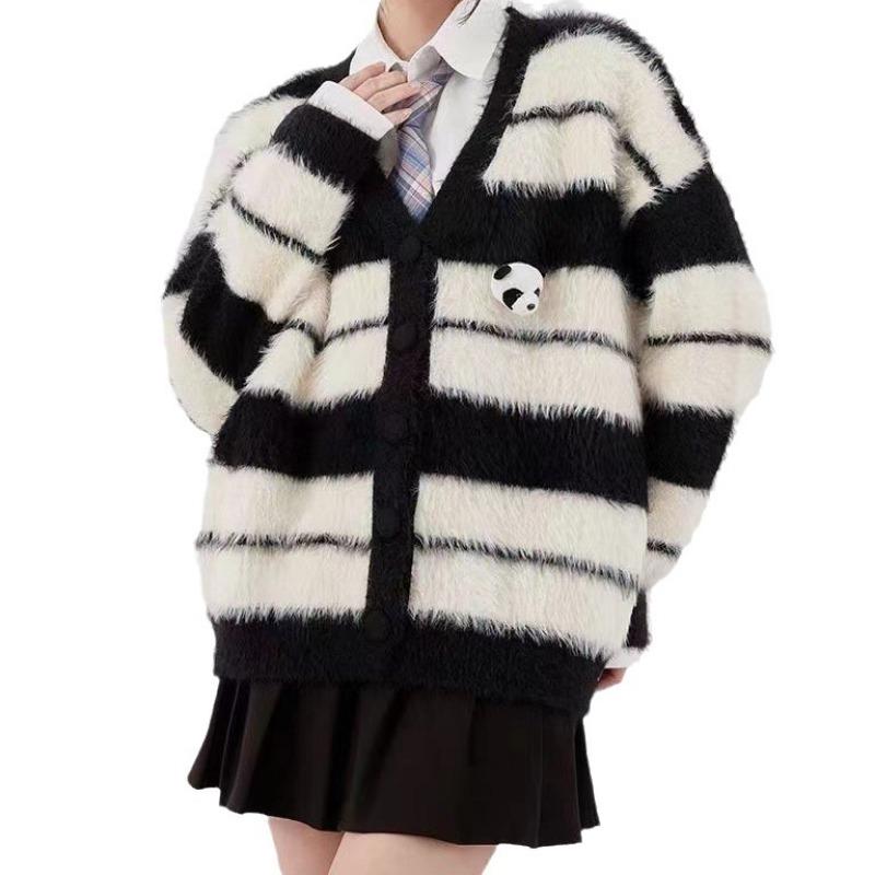 New Fashion Retro Striped Sweater Cardigan Female Niche Panda Doll Design Sense Couple Knitted Sweater