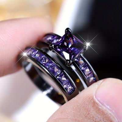 2pcs Elegant Stacking Rings Square Purple Pink White Zircon Stone Rings Set for Women Wedding Party Finger Jewelry