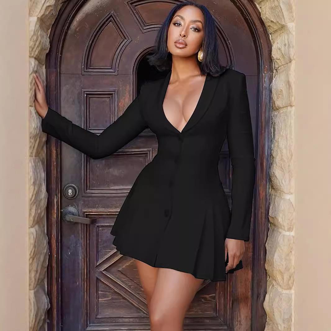 

European and American style autumn new solid color skirt sexy deep V suit pleated skirt button dress L чорний
