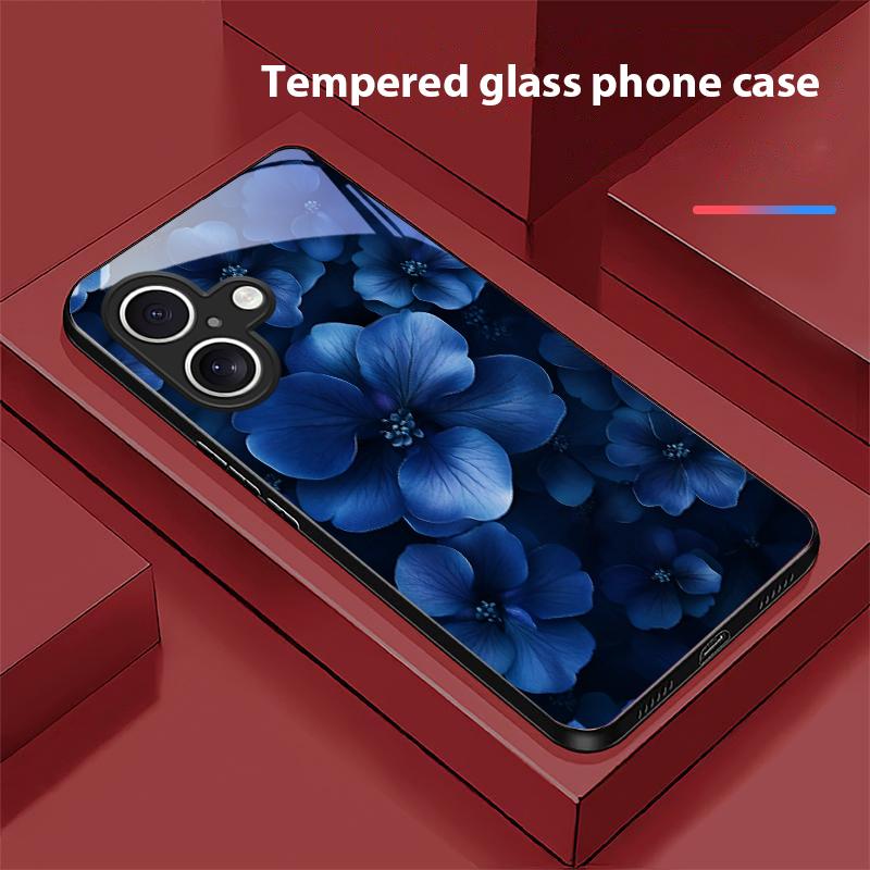 Blue and White Flowers For Apple iPhone 16E 16 E 11 13 15 P Ro 14 Pro Max 12 Mini 7 8 Plus XS Black Tempered Glass Phone Case