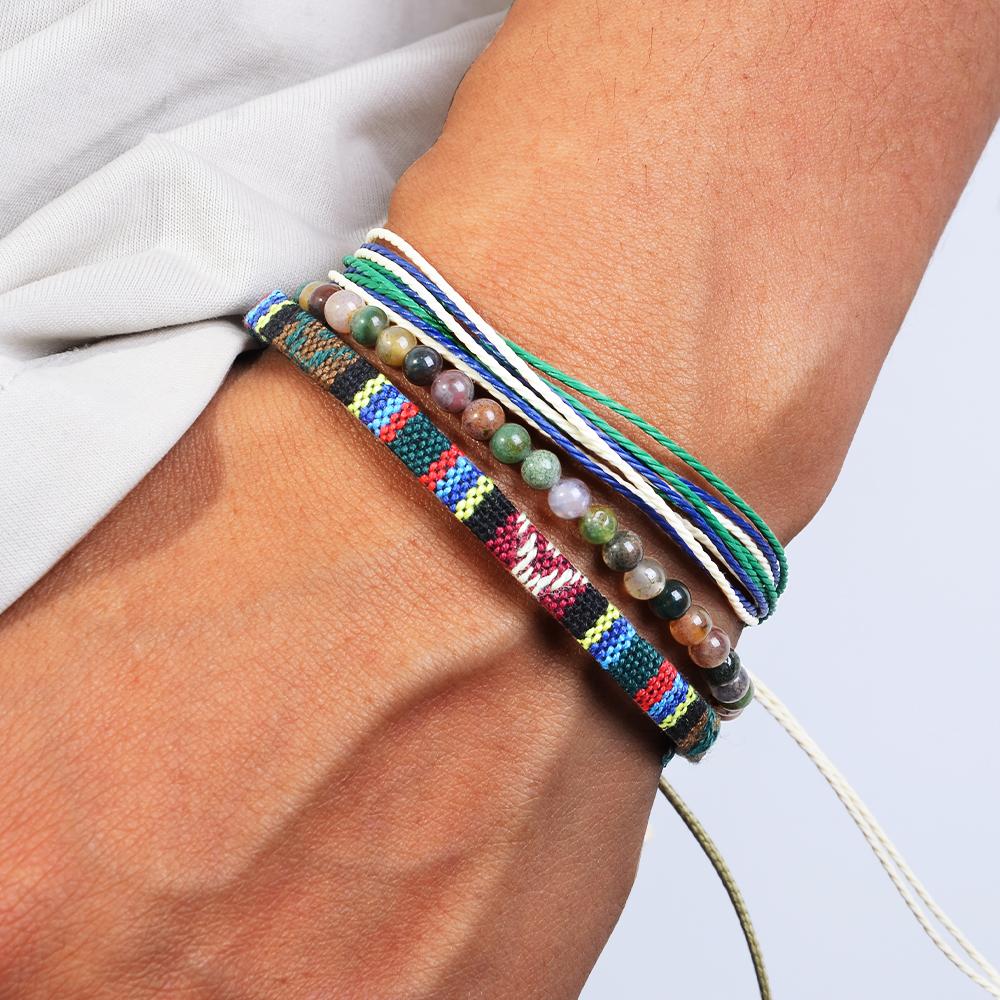 3pcs/set Men's Braided Bracelet Set, Natural Stone Couple's Bracelet, Bohemian Ethnic Cotton and Linen Hand-woven Bracelet
