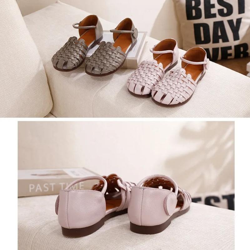 Johnature Hand Woven Cowhide Flat Sandals Retro Genuine Leather Round Toe Soft Soled Women's Shoes