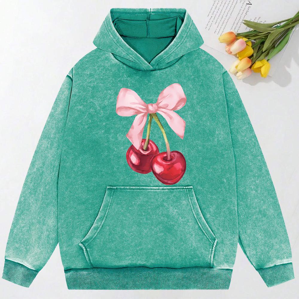 Bow Cherry Art Printed Women Washed Hoodies Cotton Creativity Clothing Hip Hop Fashion Oversized Female Hoody