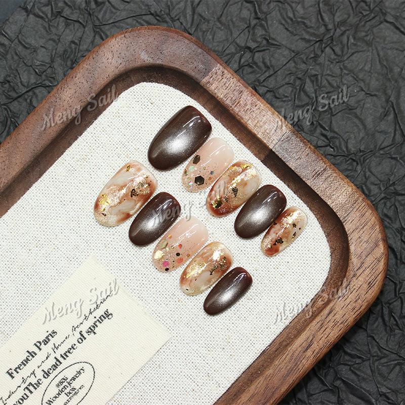 Amber Maillard Hand-painted Snow Mountain Cat Eye Gradient Manicure Nails XS (very small hands, petite size)