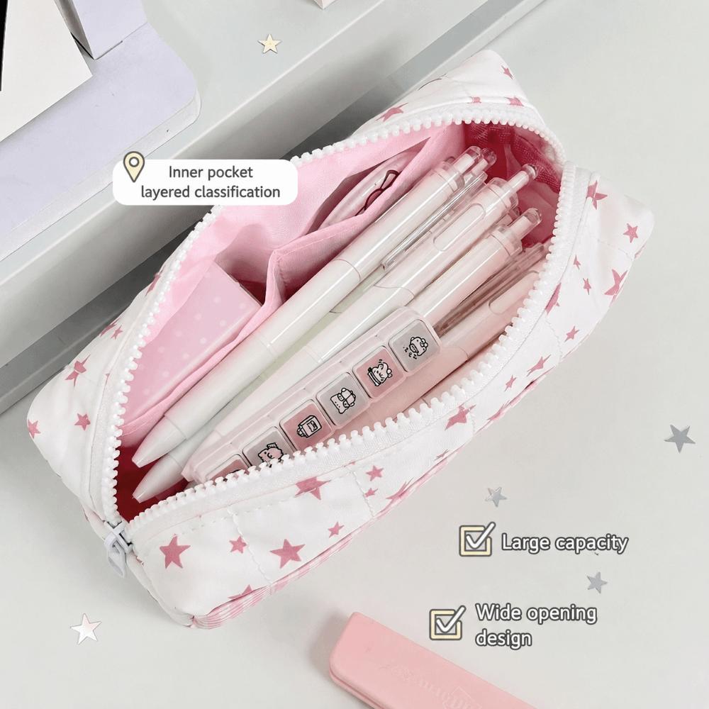 Large Capacity Pencil Case Pink Star Gingham Pencil Pouch Kawaii Stationery Bag  Gift