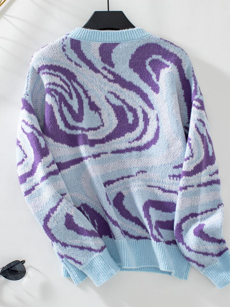 Women S Knitted Pullover Sweater Round Neck Loose Fit Colorful Pattern Spring