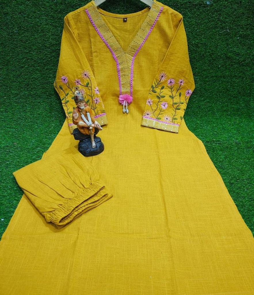 Women Indian Pakistani Kurta Pant Set Party Wear Designer Top Tunic Ethnic Kurti Cotton Slub