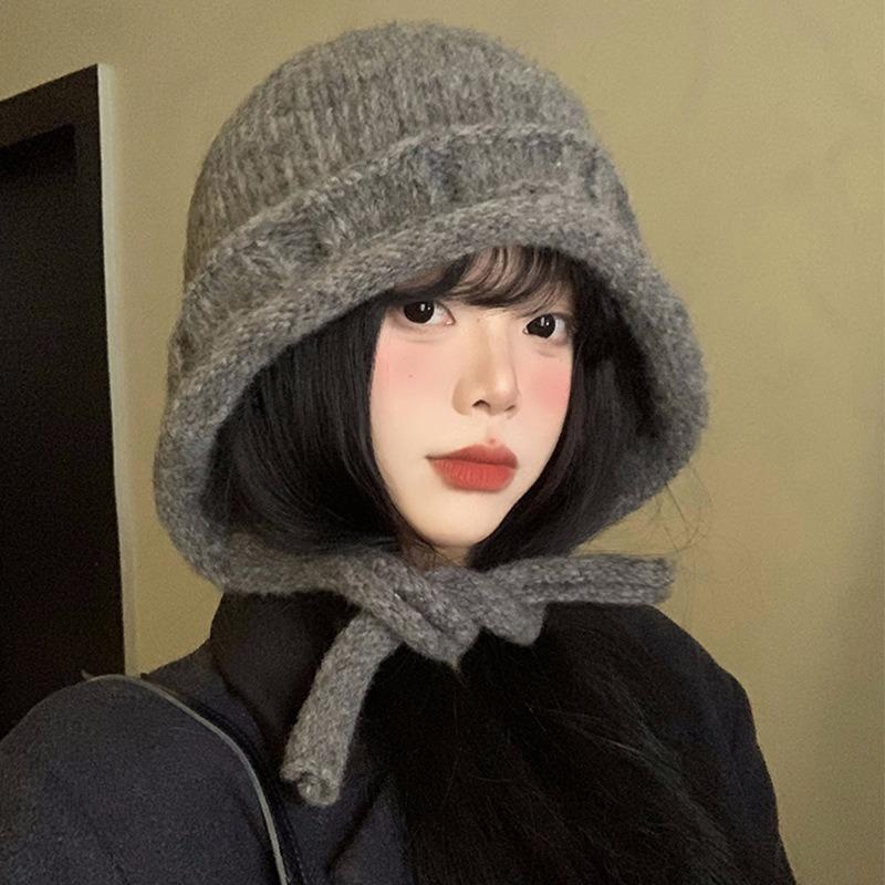 Small face straps knitted hat women's autumn and winter big head circumference solid color wool hat warm ear protection bag head hat
