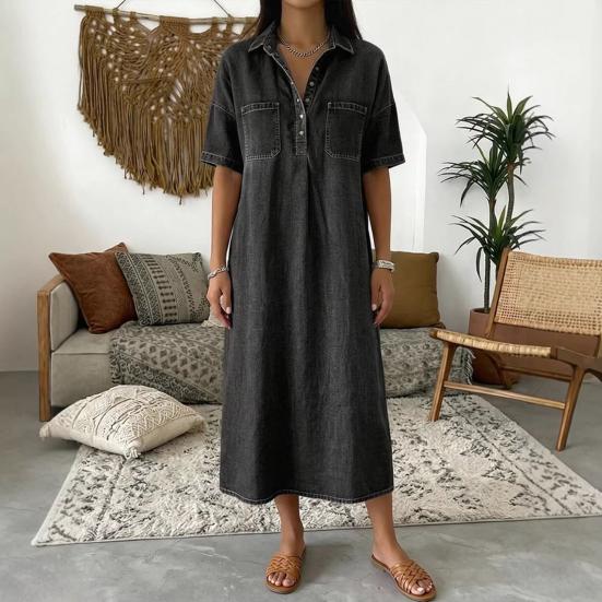 Robe chemise en jean pour femme Décontractée Manches courtes Boutonnée Jean Midi Robe Longue A-line Vintage avec Poches