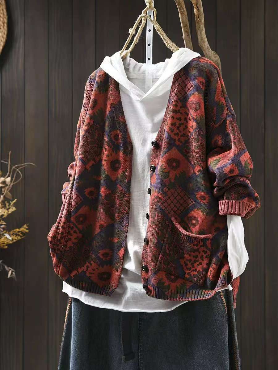 

Johnature Vintage Женские принты Цветочные пуговицы Весна V-образный вырез Длинный рукав трикотажные пальто One Size красный