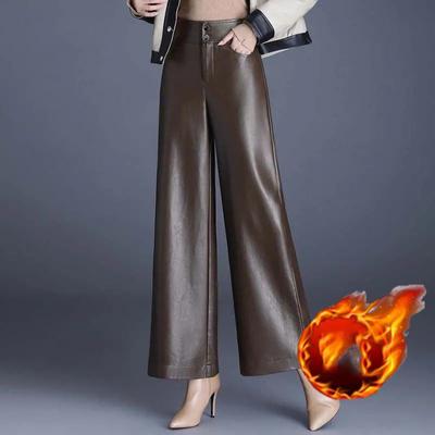 Verdickte PU-Lederhose Damen Herbst Winter Locker Lässig Weitbeinige Hose mit Gummizug und Hoher Taille, Schwarze Hose mit Neun Punkten