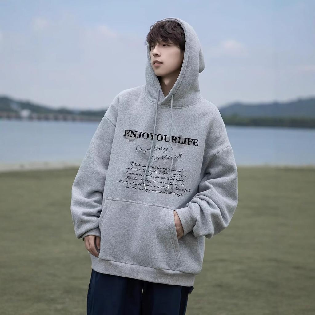 Fleece Förtjockad Tröja med Huva Herr Amerikansk Tröja Höst och Vinter Tröja med Huva Tonårsjacka