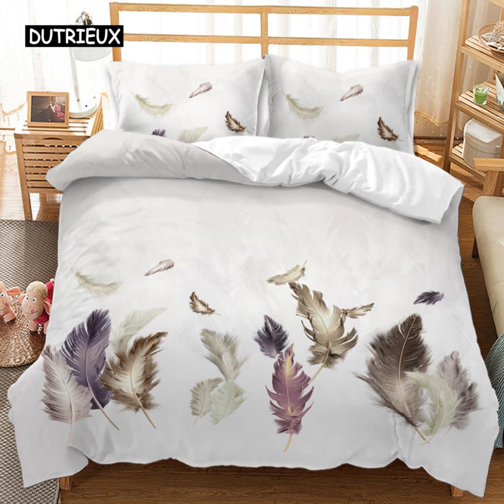 Feather Duvet Cover Vaned Types and Natal Contour Flight Bird Feathers Animal Skin Element Print King Size Polyester Qulit Cover
