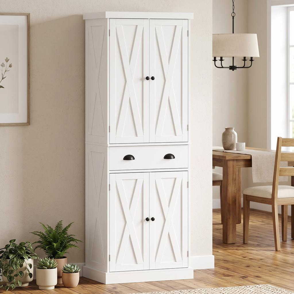 High Kitchen Buffet, 4 Doors, Drawer, 62 x 38 x 173 cm, White