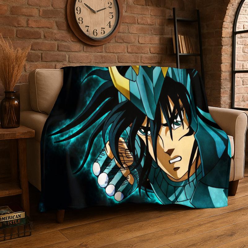 Retro Saint Seiya Anime Cartoon Flannel Blanket Soft Warm Throw Blanket for Bedroom Living Room Bed Travel Camping Picnic Gift