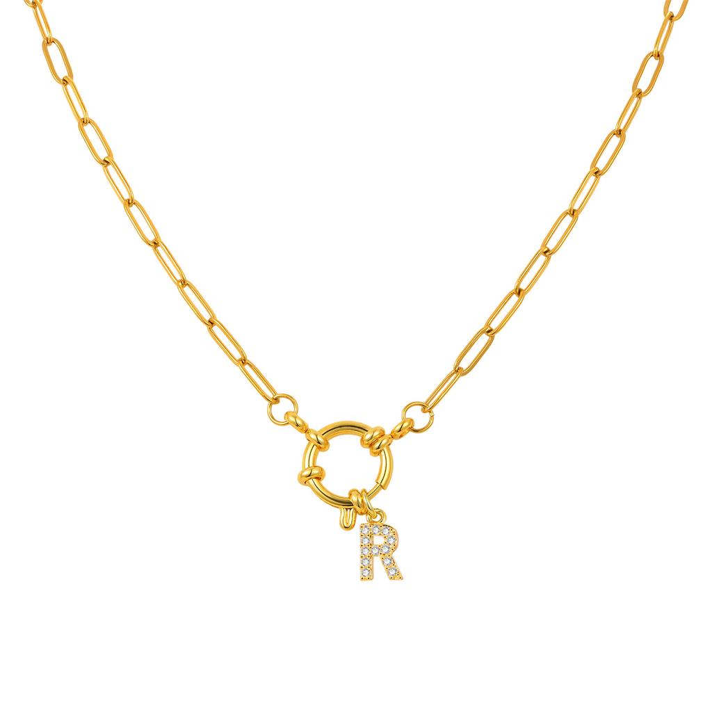 Stainless Steel Plated 18K Gold Stylish Simple Small Square Chain Bubble Buckle Copper 26 Letter Necklace Nc-1887