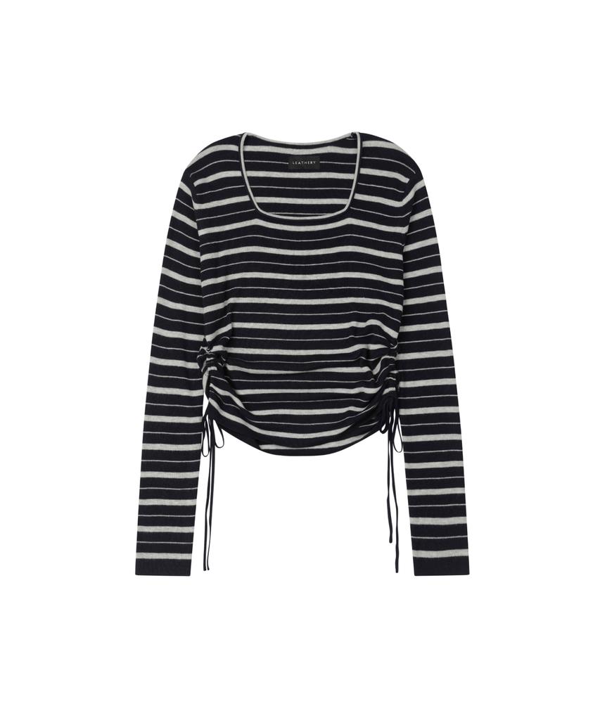 Ledeoli Square Neck Shirred Wool Knit Top [Navy]