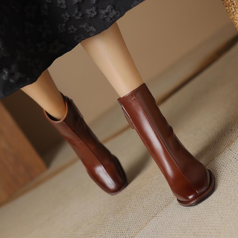 Fashion 2024 Autumn/Winter Women Boots Square Toe High Heel Shoes for Women Leather Boots Women Handemade Shoes Mid-calf Ladies Shoes