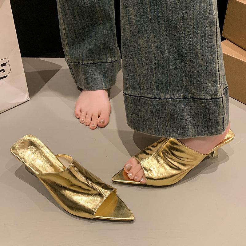 Female Shoes Gold Sandals Slippers Heels Pointed Toe Slides Low 2025 High Thin Rome PU Rubber Fabric Hoof Shoes Woman 2025