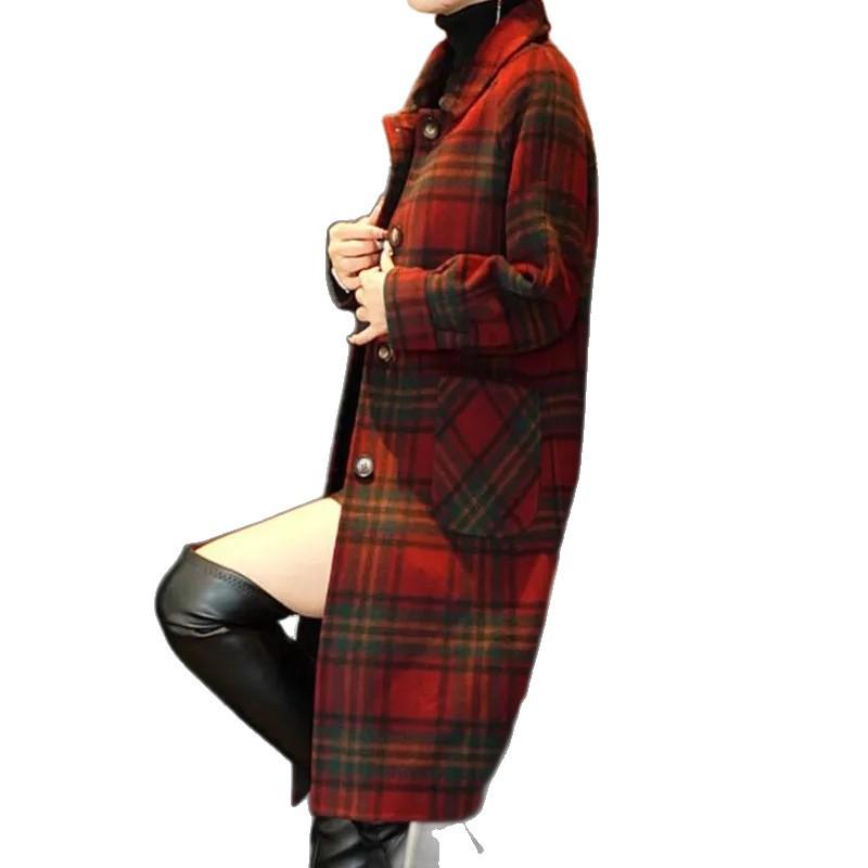 Women's Red Plaid Wool Coat - Korean Style, Autumn/Winter 2025, Double-Sided for Middle-Aged and Elderly