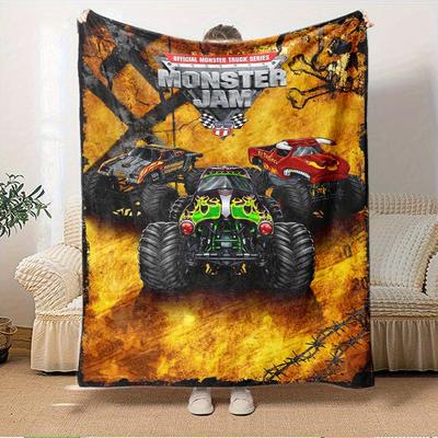 For Monster Jam,Monster Trucks,Extreme Racing Themed Flannel Blanket, Glam Style, Digital Print, All Season Comfort, ,for Cozy Plush Flannel Cover167