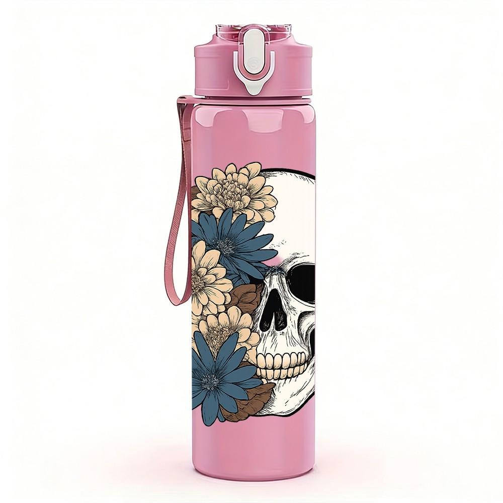 1PC Floral Vintage Skull 750ml Color Plastic Sports Water Bottle Leakproof Flip Straw Lid Suitable for Sports Office Home Use