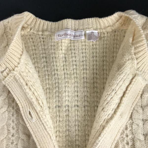 Northern Isles 100% Virgin Wool Long Cardigan Women M Ivory Aran Pattern Vintage(USED)