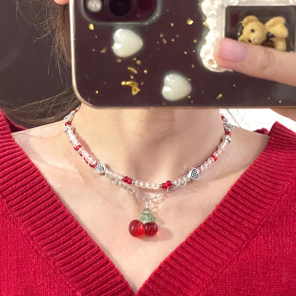 Böhmische Koreanische Herzperlenkette Mädchen Süß Niedlich Rote Kirsche Anhänger Choker Halskette Kurze Halskette Damen Schmuck