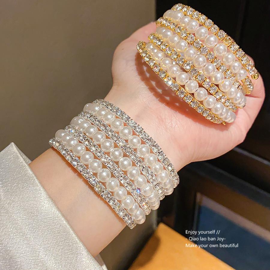 Pearl Multilayer Open Cuff Bracelet With Rhinestone Embellishments For Elegant Women